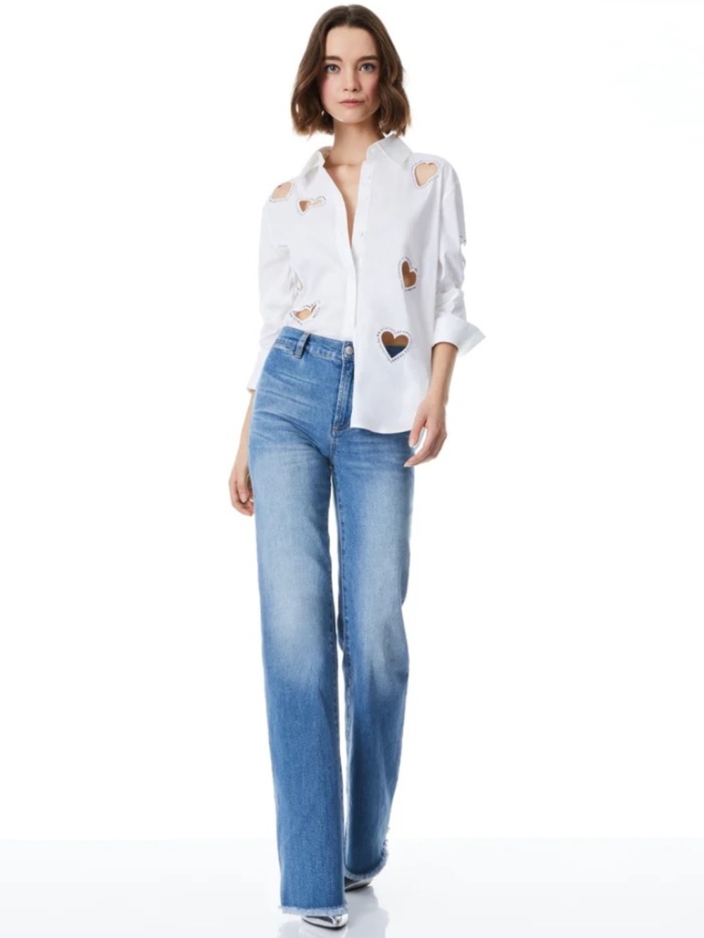 Alice + Olivia Finely Heart Embellished Cotton Shirt size M - Picture 2 of 13